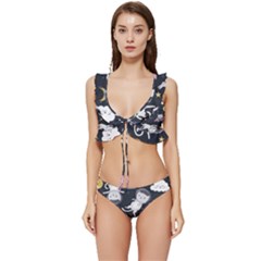 Space Cat Illustration Pattern Astronaut Low Cut Ruffle Edge Bikini Set by Wav3s