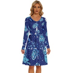 Cat Spacesuit Space Suit Astronaut Pattern Long Sleeve Dress With Pocket by Wav3s