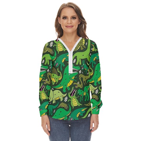 Dino Kawaii Zip Up Long Sleeve Blouse by Wav3s