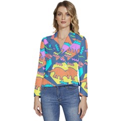 Dinosaur Pattern Women s Long Sleeve Revers Collar Cropped Jacket by Wav3s