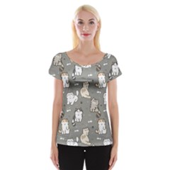 Cute Cat Pattern Cartoon Cap Sleeve Top by Cowasu