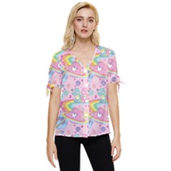 Bears Kawaii Pattern Bow Sleeve Button Up Top by Cowasu