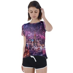 Moscow Kremlin Saint Basils Cathedral Architecture  Building Cityscape Night Fireworks Short Sleeve Open Back Tee by Cowasu