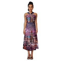 Moscow Kremlin Saint Basils Cathedral Architecture  Building Cityscape Night Fireworks Sleeveless Cross Front Cocktail Midi Chiffon Dress by Cowasu