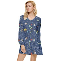 Cat Cosmos Cosmonaut Rocket Tiered Long Sleeve Mini Dress by Cowasu