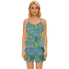 Meow Cat Pattern Satin Pajama Short Set by Amaryn4rt