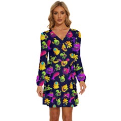 Space Patterns Long Sleeve Waist Tie Ruffle Velvet Dress by Amaryn4rt