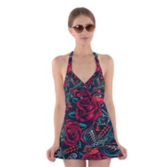 Vintage Flash Tattoos Designs Seamless Pattern Halter Dress Swimsuit  by Amaryn4rt
