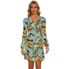 Comic Elements Colorful Seamless Pattern Long Sleeve Waist Tie Ruffle Velvet Dress by Amaryn4rt