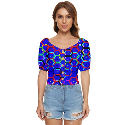 Blue Bee Hive Pattern Button Up Blouse by Amaryn4rt