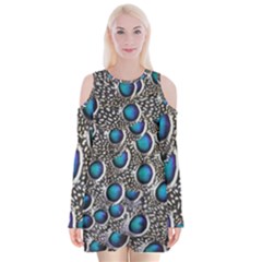 Peacock Pattern Close Up Plumage Velvet Long Sleeve Shoulder Cutout Dress by Celenk