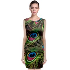 Peacock Feathers Color Plumage Sleeveless Velvet Midi Dress by Celenk