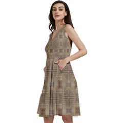 Abstract Wood Design Floor Texture Sleeveless V-neck Skater Dress With Pockets by Celenk