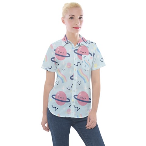 Cute-planet-space-seamless-pattern-background Women s Short Sleeve Pocket Shirt by uniart180623