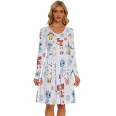 Cute-cartoon-robots-seamless-pattern Long Sleeve Dress With Pocket by uniart180623