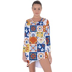 Mexican-talavera-pattern-ceramic-tiles-with-flower-leaves-bird-ornaments-traditional-majolica-style- Asymmetric Cut-out Shift Dress by uniart180623