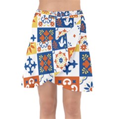 Mexican-talavera-pattern-ceramic-tiles-with-flower-leaves-bird-ornaments-traditional-majolica-style- Wrap Front Skirt by uniart180623
