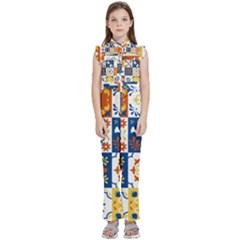 Mexican-talavera-pattern-ceramic-tiles-with-flower-leaves-bird-ornaments-traditional-majolica-style- Kids  Sleeveless Ruffle Edge Band Collar Chiffon One Piece by uniart180623