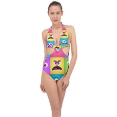 Monsters-emotions-scary-faces-masks-with-mouth-eyes-aliens-monsters-emoticon-set Halter Front Plunge Swimsuit by uniart180623