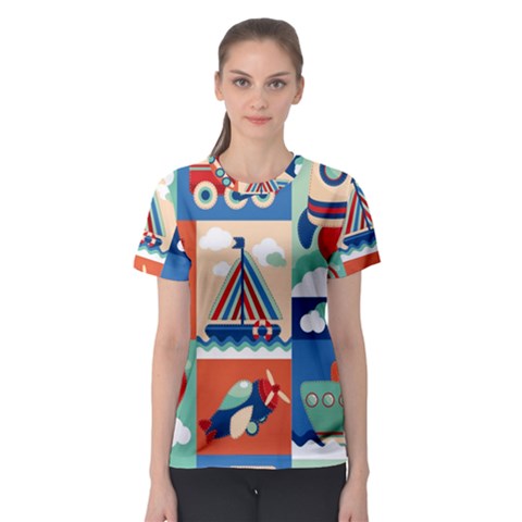 Toy-transport-cartoon-seamless-pattern-with-airplane-aerostat-sail-yacht-vector-illustration Women s Sport Mesh Tee by uniart180623