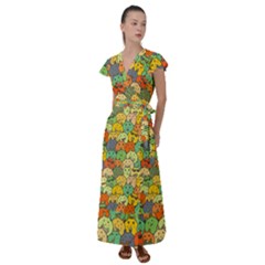 Seamless Pattern With Doodle Bunny Flutter Sleeve Maxi Dress by uniart180623