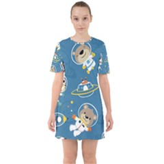 Seamless-pattern-funny-astronaut-outer-space-transportation Sixties Short Sleeve Mini Dress by uniart180623