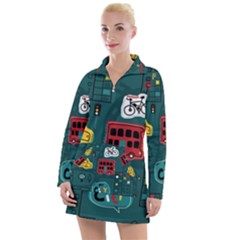 Seamless-pattern-hand-drawn-with-vehicles-buildings-road Women s Long Sleeve Casual Dress by uniart180623