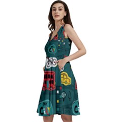Seamless-pattern-hand-drawn-with-vehicles-buildings-road Sleeveless V-neck Skater Dress With Pockets by uniart180623