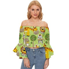 Funny-animals-cartoon Off Shoulder Flutter Bell Sleeve Top by uniart180623