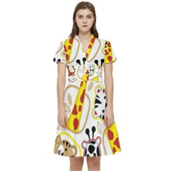 Vector-seamless-pattern-nice-animals-cartoon Short Sleeve Waist Detail Dress by uniart180623