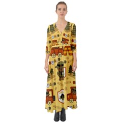 Seamless-pattern-funny-ranger-cartoon Button Up Boho Maxi Dress by uniart180623