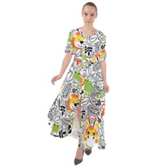 Seamless-pattern-with-wildlife-cartoon Waist Tie Boho Maxi Dress by uniart180623