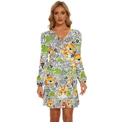 Seamless-pattern-with-wildlife-cartoon Long Sleeve Waist Tie Ruffle Velvet Dress by uniart180623