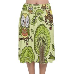 Seamless-pattern-with-trees-owls Velvet Flared Midi Skirt by uniart180623