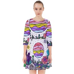 Rainbow Fun Cute Minimal Doodle Drawing Unique Smock Dress by uniart180623