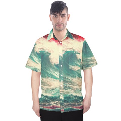 Storm Tsunami Waves Ocean Sea Nautical Nature Painting Men s Hawaii Shirt by uniart180623