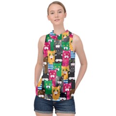 Cat Funny Colorful Pattern High Neck Satin Top by uniart180623