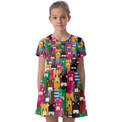 Cat Funny Colorful Pattern Kids  Short Sleeve Pinafore Style Dress by uniart180623
