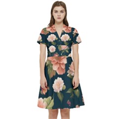 Wallpaper-with-floral-pattern-green-leaf Short Sleeve Waist Detail Dress by designsbymallika
