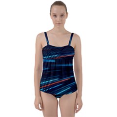 Orange Blue Dot Dots Lines Abstract Digital Art Twist Front Tankini Set by uniart180623