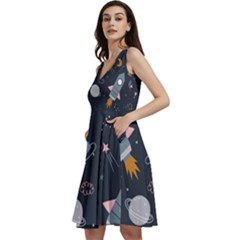 Space Background Illustration With Stars And Rocket Seamless Vector Pattern Sleeveless V-neck Skater Dress With Pockets by uniart180623