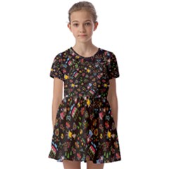 Cartoon Texture Kids  Short Sleeve Pinafore Style Dress by uniart180623