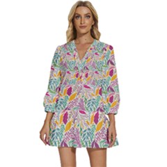 Leaves Colorful Leaves Seamless Design Leaf V-neck Placket Mini Dress by Simbadda