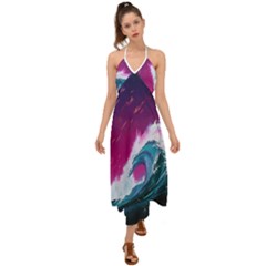 Tsunami Waves Ocean Sea Nautical Nature Water Unique Halter Tie Back Dress  by Simbadda