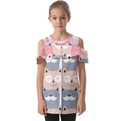 Cute Seamless Pattern With Cats Fold Over Open Sleeve Top by Simbadda
