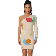 Seamless Pattern Cute Snail With Flower Leaf Long Sleeve One Shoulder Mini Dress by Simbadda