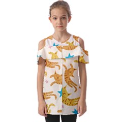 Cute Cats Seamless Pattern With Stars Funny Drawing Kittens Fold Over Open Sleeve Top by Simbadda