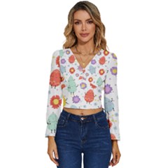 Easter Seamless Pattern With Cute Eggs Flowers Long Sleeve V-neck Top by Simbadda