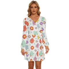 Easter Seamless Pattern With Cute Eggs Flowers Long Sleeve Waist Tie Ruffle Velvet Dress by Simbadda