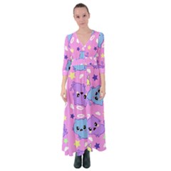 Seamless Pattern With Cute Kawaii Kittens Button Up Maxi Dress by Simbadda